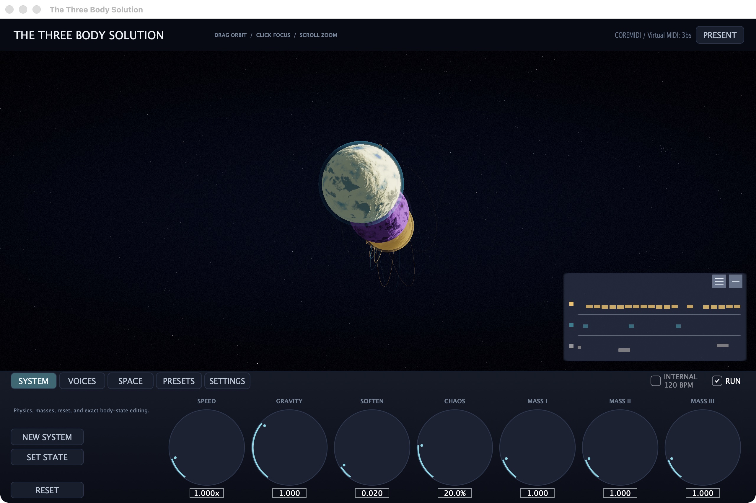 The Three Body Solution standalone application showing three simulated bodies, their trajectories, note history, and controls
